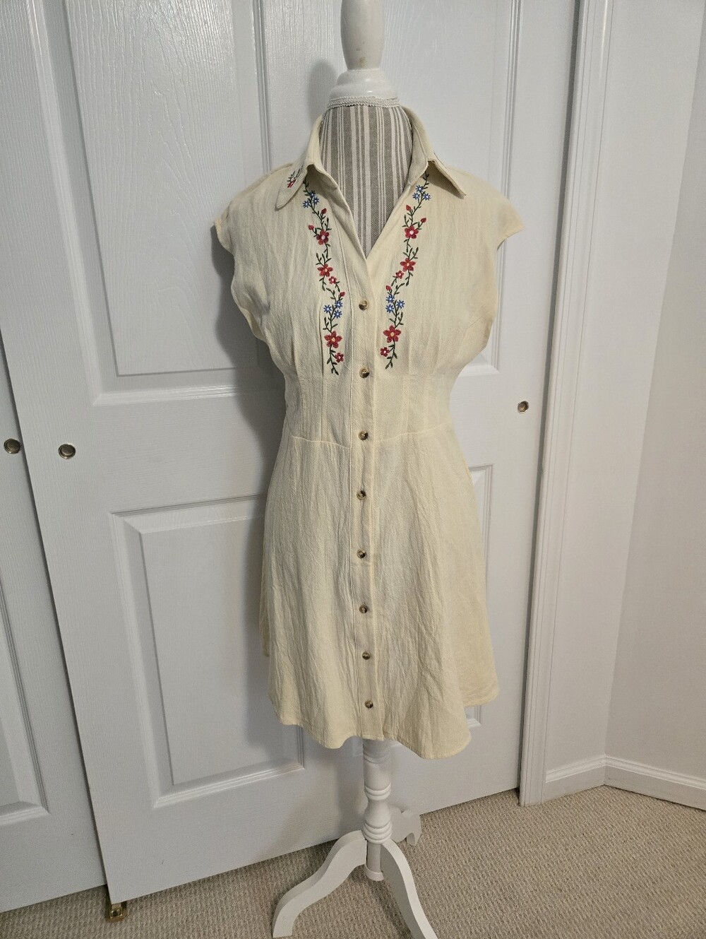Cream Button-Front Embroidered Shirt Dress